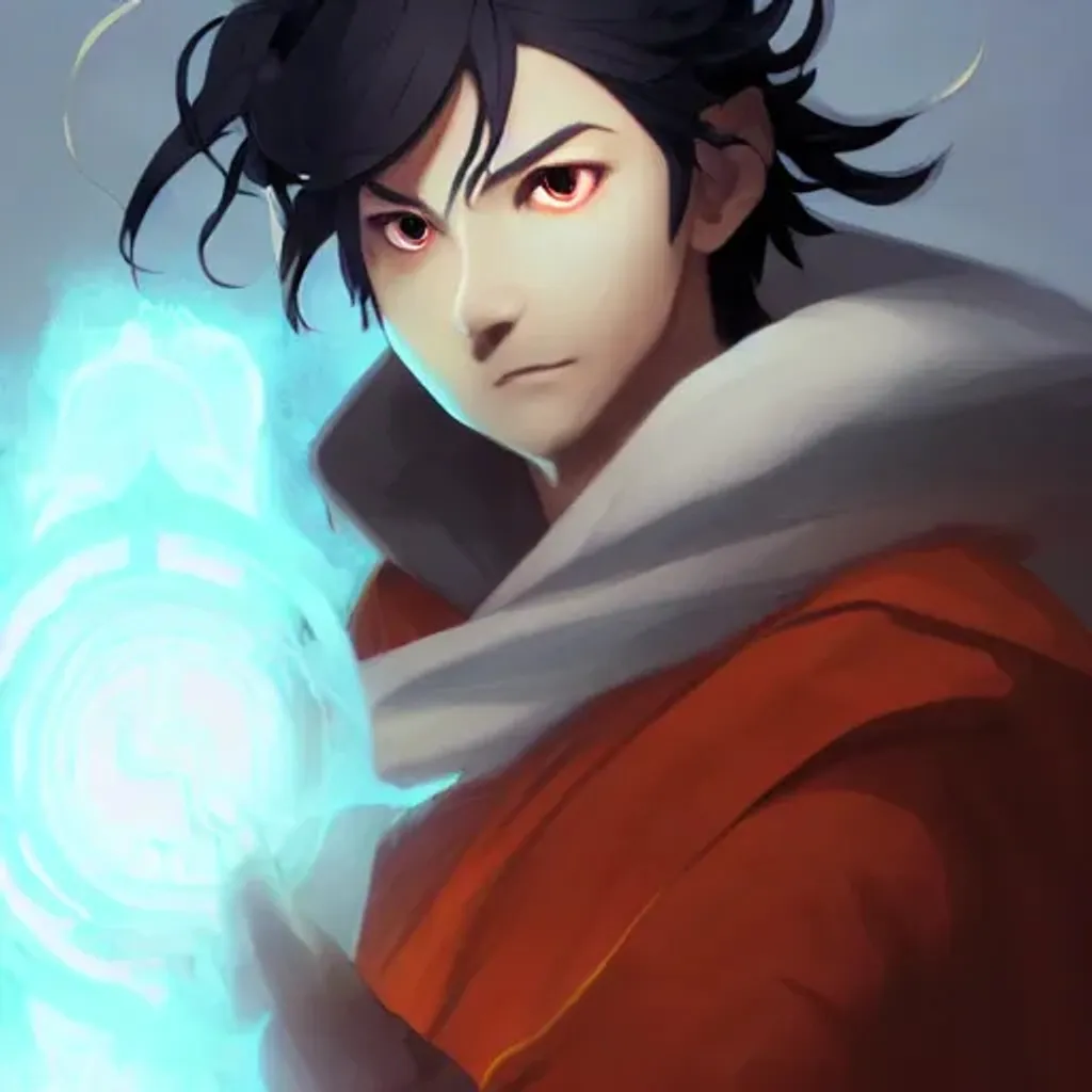 Prompt: powerful male mage with illusion magics, orange robe, arcane powers, smooth soft dark skin, big dreamy eyes, beautiful intricate black colored hair, symmetrical, anime wide eyes, soft lighting, detailed face, by makoto shinkai, stanley artgerm lau, wlop, rossdraws, concept art, digital painting, looking into camera