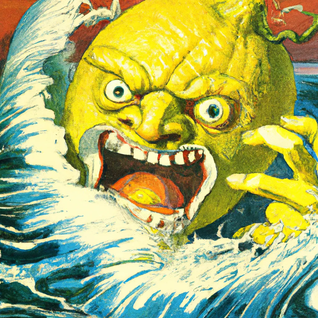 Prompt: A giant radiant yellow lemon with bulging eyes, and a mouth full of jagged teeth and tentacle arms, bursting out of the pacific ocean in a crazed rage, tradition art, by Frank Frazetta