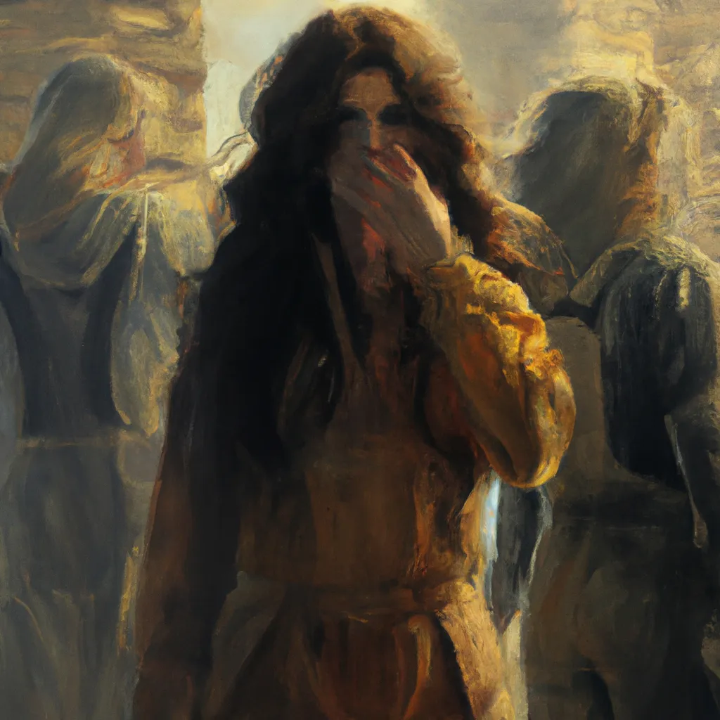 Prompt: oil on canvas, woman's hair styled in long waves with shades of yellow and red, she is surrounded by men in yellow hazmat suits, in a dystopian wasteland full of ruined structures, by jeremy lipking, Craig Mullins