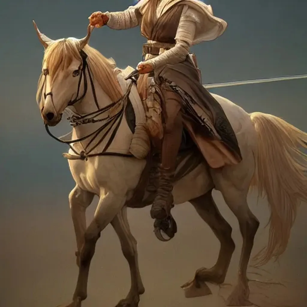 Prompt: realistic detailed jedi on horseback by alphonse mucha, ayami kojima, amano, greg hildebrandt, art nouveau, gothic, hd octane render