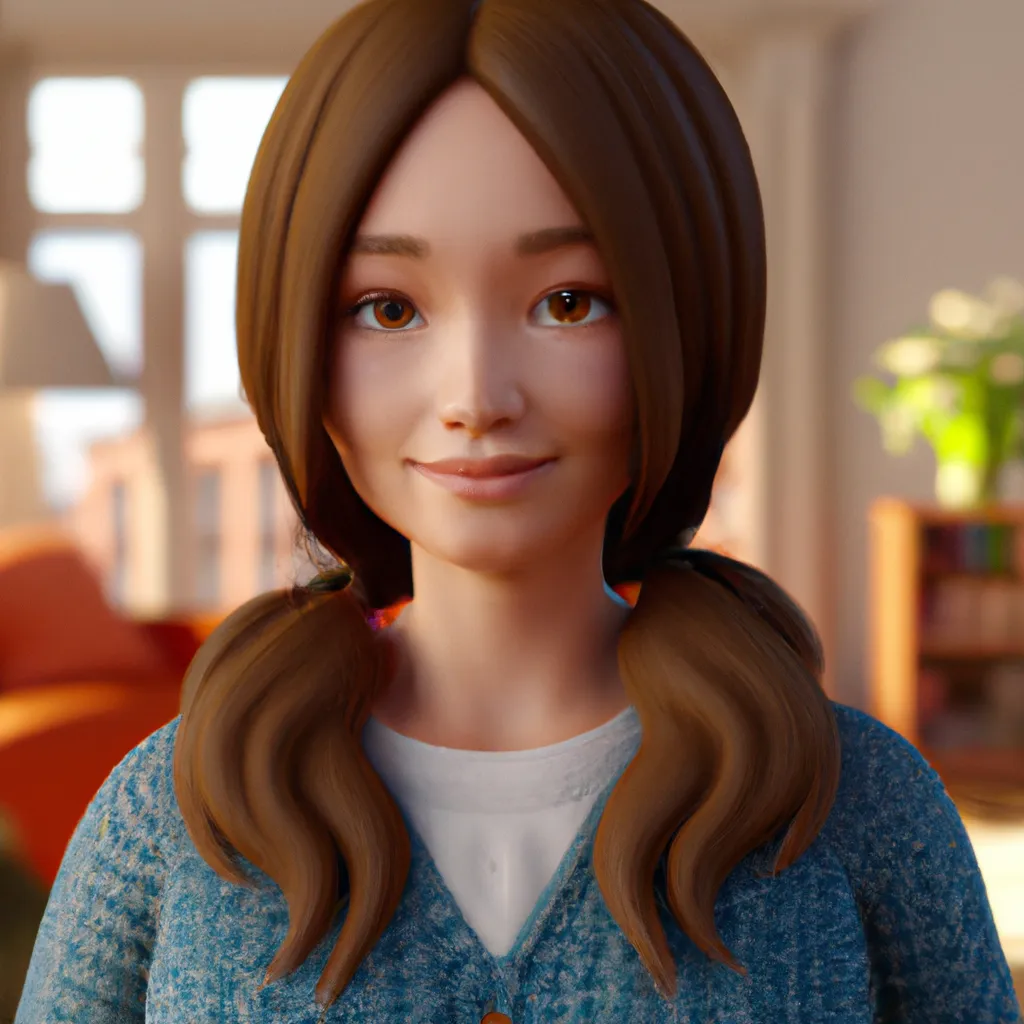 Prompt: Render of April, a cute 3D young woman, bronze brown hair, full round face, green eyes, light tan skin cute freckles, light blush, smiling softly, wearing casual clothing, interior lighting, cozy living room background, medium shot, mid-shot, hyperdetailed, trending on Artstation, Unreal Engine 4k