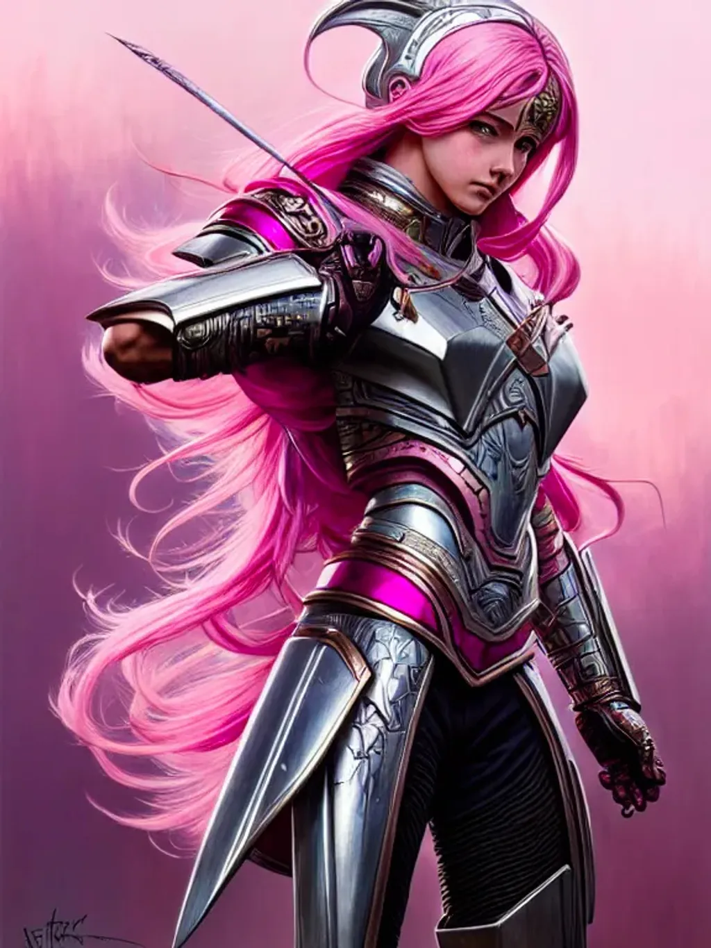 Prompt: pink haired girl in metal armor pink tones and highlights, insanely detailed and intricate, hypermaximalist, elegant, ornate, hyper realistic, anime, dramatic, digital painting, artstation, smooth, sharp focus, illustration, art by artgerm and greg rutkowski and alphonse mucha