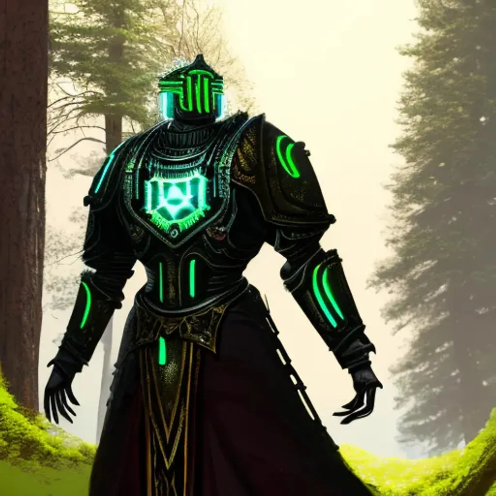 Prompt: a bulky automaton as a warpriest wearing holy armor, one-eyed cyber head, highly detailed, soft ambient lighting, standing outdoors, with dark metallic colors, forest in the background, concept art by Daarken