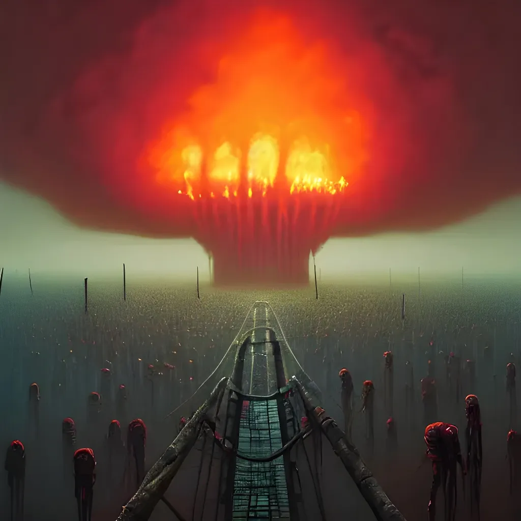 Prompt: low angle bridge view of thousands of burning thin and tall zombies walking towards twd-nuclear-beksinski-beeple planet, hellish "evil lovecraftian post-apocalyptic dystopian" accents, cinematic lighting, symmetrical, highly detailed, digital painting, artstationhq, concept art, centered, in frame, by "dan mumford" and zdzisław beksinski, sharp focus, volumetric lighting, epic composition, reddish/teal/orange/eerie, dark art by akihiko yoshida greg rutkowski craig mullins, cgsociety, several bodies of dead villagers in the ground swamp of a village in the snow, fine art america, 4k, hdr, ultrawide angle long shot, vfx, photorealistic haunting highly detailed matte painting of zombies walking in dystopian post apocalyptic surrealism magic realism radioactive wasteland near a chernobyl nuclear power plant, 32k full of anatomy accurate detailed anomalies