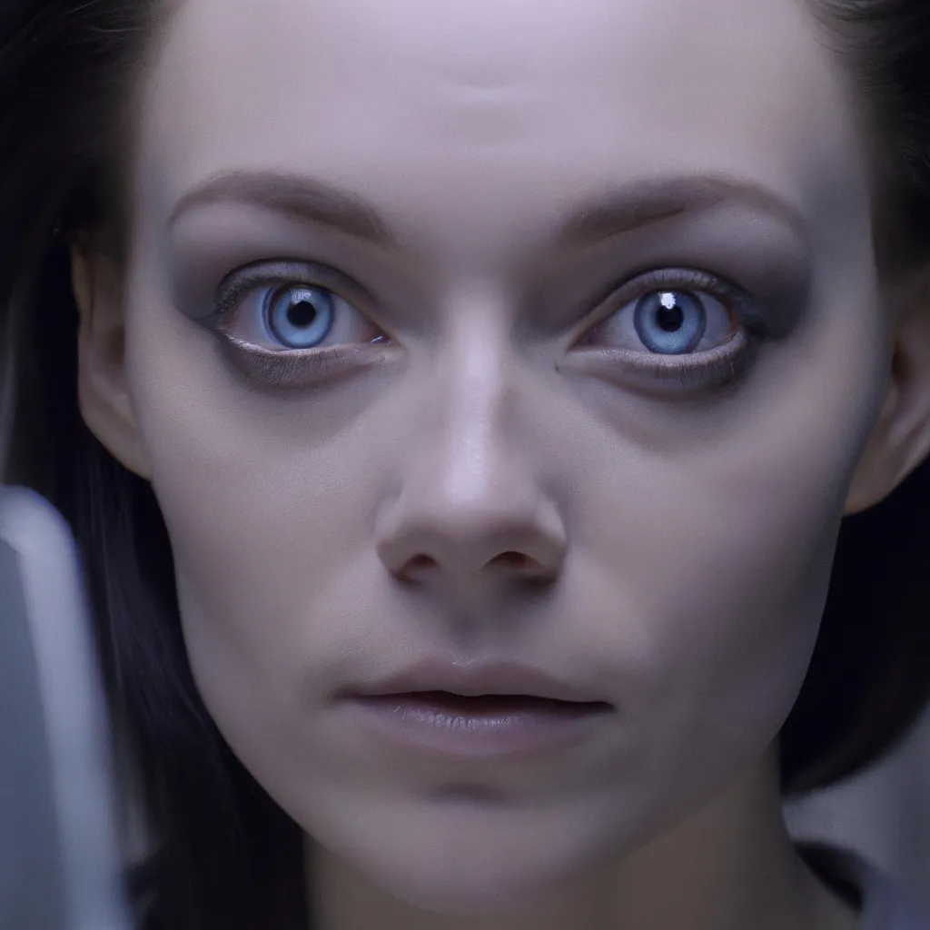 Prompt: Portrait of a half robot faced beautiful big eyed woman, hyper realistic, cinematic lighting, looking inwards from the 4th dimension, 8k