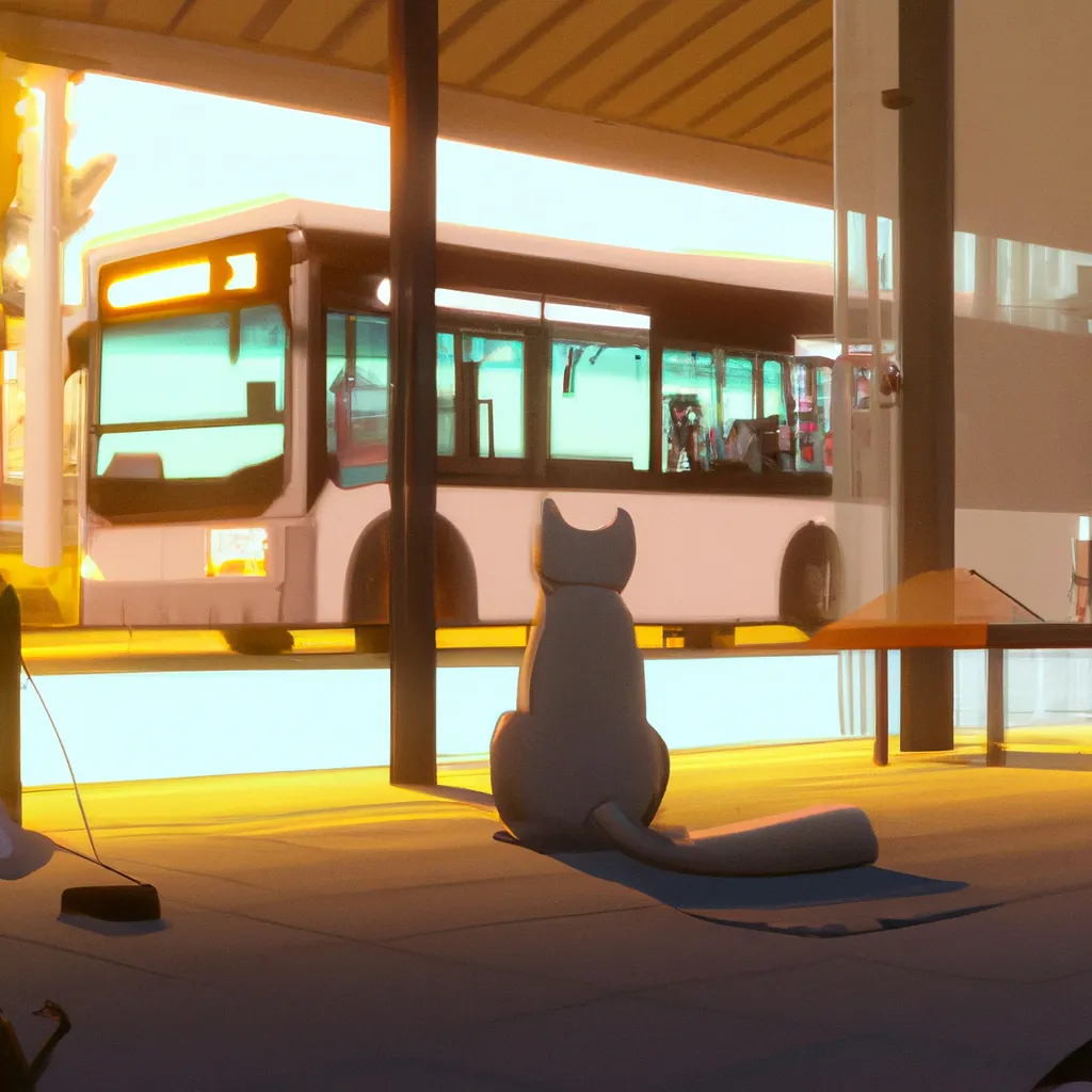 Prompt: A cat sitting at a bus station, anime screenshot