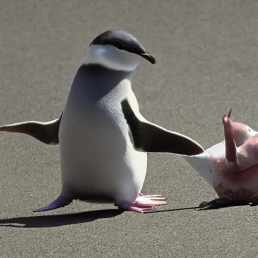 Prompt: Axolotl beating up a penguin after losing a poker match
