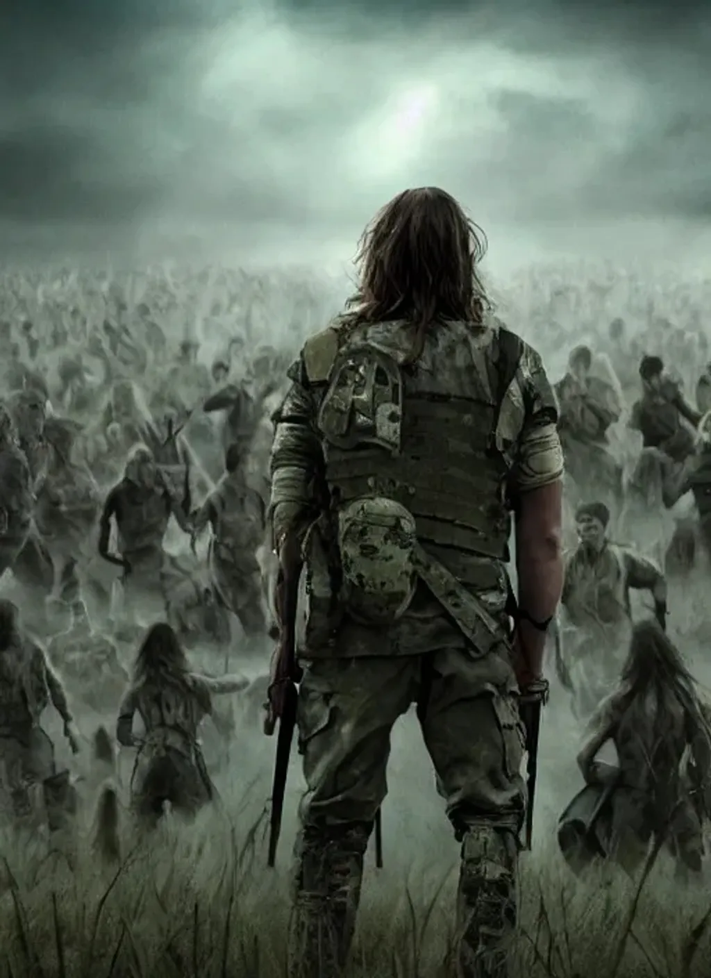 Prompt: One man watching an army of monsters, wounded, long hair, hyperrealistic, dystopic, war, standing 