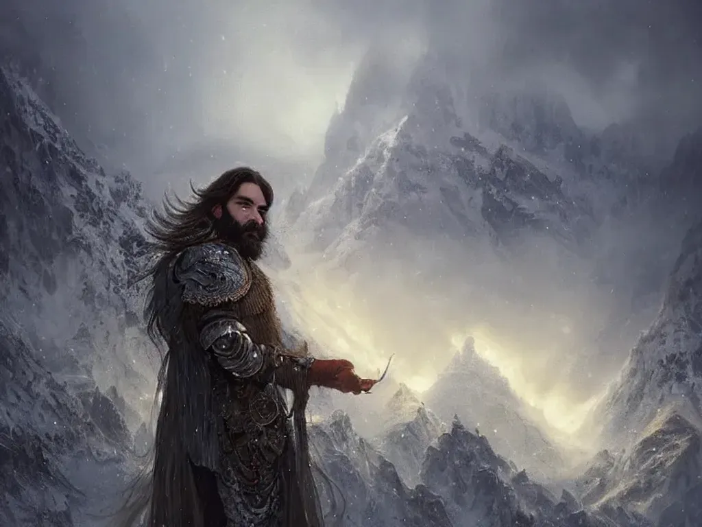 Prompt: A cute young Matt Berry, intricate wispy beard, a intricate iridescent fantasy armor, sparkly snowy mountains at night, stunning environment, dusk, mist, dramatic lighting, highly detailed, intricate, dreamy magical atmosphere, ultra wide angle lens, Greg Rutkowski