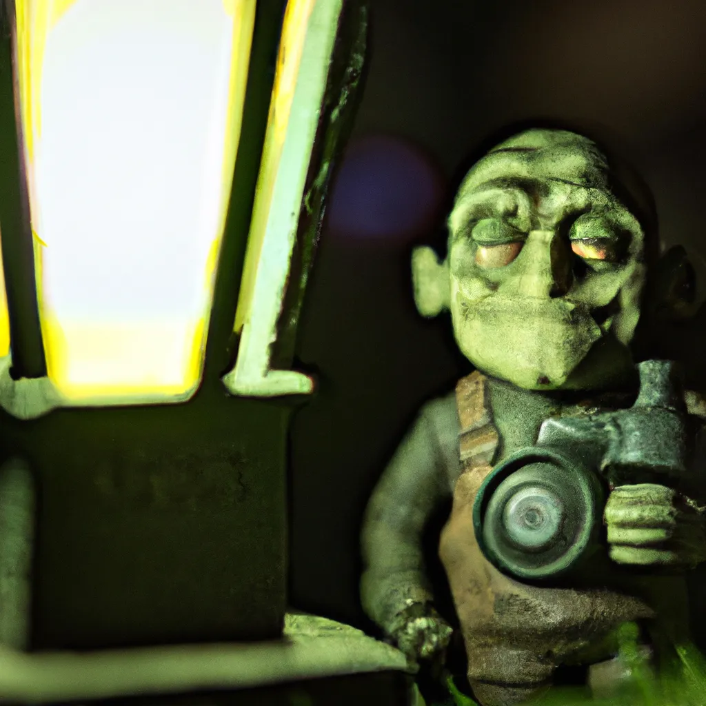 Prompt: Hyperrealistic Miniature carved frankenstein minion sitting on a grave at a graveyard and smirking, eyes glowing, holding lantern, studio quality, cinematic, sharp focus, smooth