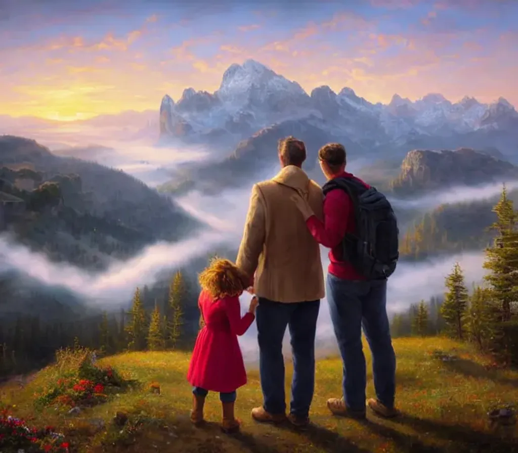 Prompt: Digita Portrait of a daddy showing the mountains at the end of the paceful widelandscape to his daughter and his son, Over the shoulder point of view, sunset, mist,Overcast LIGHT, dim LIGHTING, UHD, HDR, highly detailed, hyperrealistic,  digital painting by Raphael Lacoste, Albert Bierstadt, unreal engine 