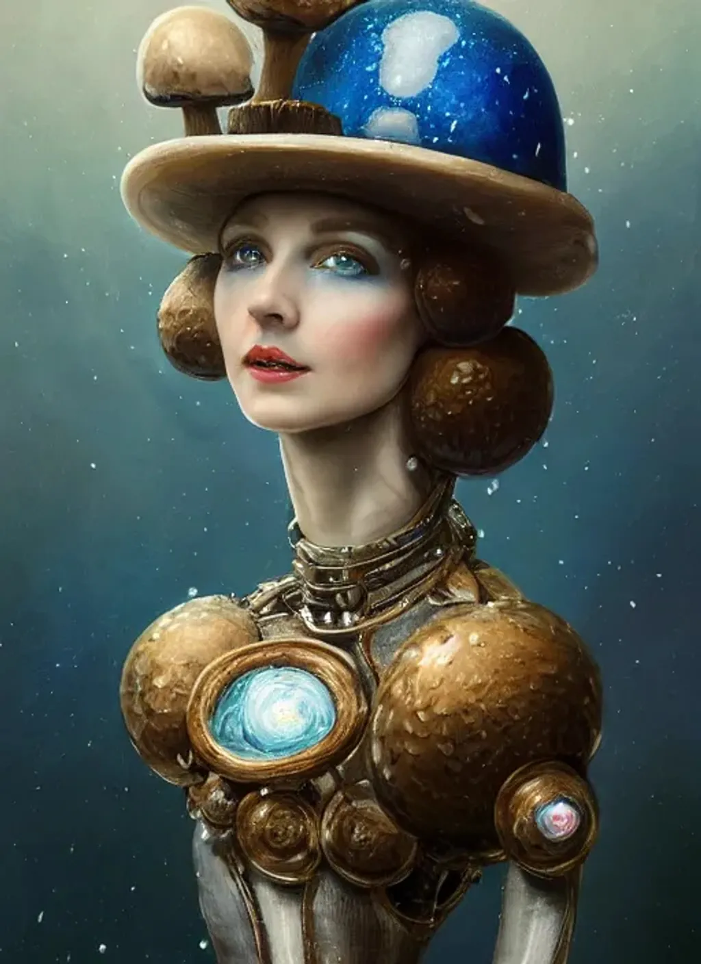 Prompt: Portrait of {edwardian mushroom automaton robot woman} with {blue} hair and with mushrooms, {icy}, perfect composition, hyperrealistic, super detailed, 8k, high quality, trending art, trending on artstation, sharp focus, studio photo, intricate details, highly detailed, by greg Rutkowski, Ryan Hewett 