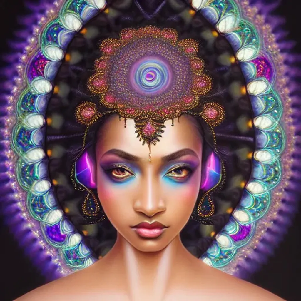 Prompt: centered portrait, very detailed symmetrical dark skin goddess, elegant fractal piezoluminescence scattered mandelbrot makeup, heavenly epic intricate artwork masterpiece, ancient colors, trending on artstation, highly detailed, soft colors, Gerhard Richter, Anna Dittmann