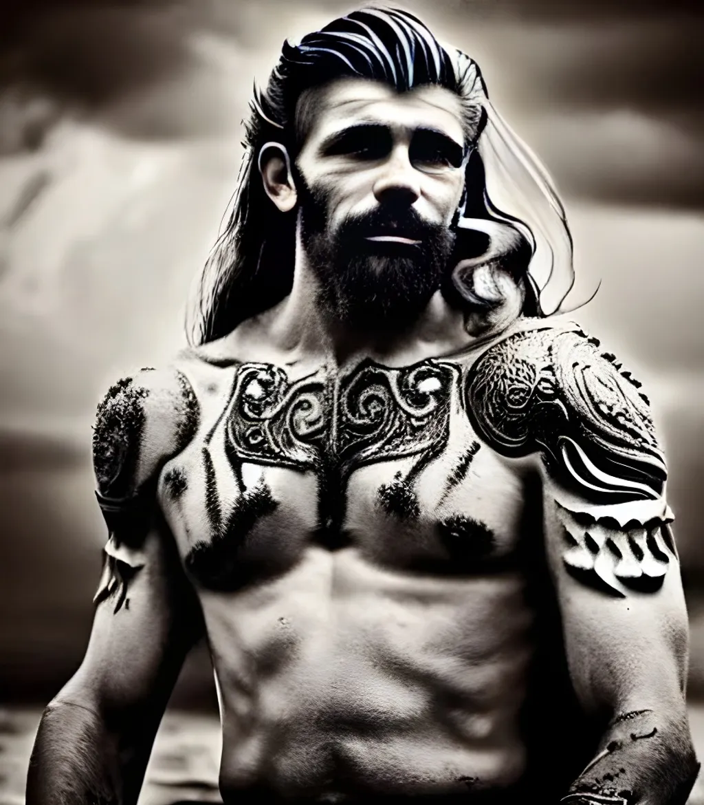 Prompt: photo of a ruggedly handsome brutal fierce warrior from medieval times, a full muscular body with tattoos, an extremely detailed face, tousled hair, scarred, emotional, proud, ultra-detailed, sharp focus, photorealistic, ultra-realistic, intricate details, highly detailed, waves crashing, storm clouds, lightning flashing, realism, intricate details, highly detailed,  by greg rutkowski, gaston bussiere, craig mullins, simon bisley 