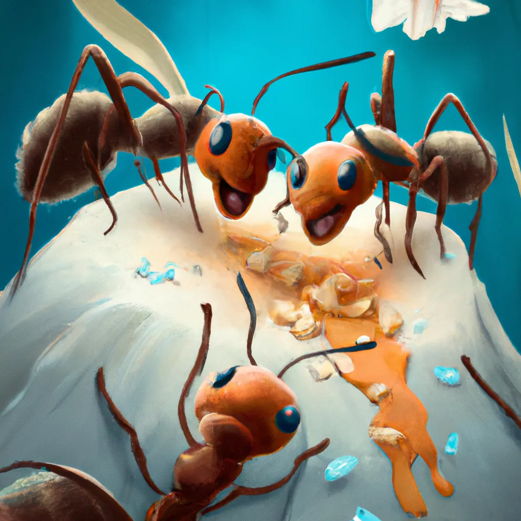 Prompt: happy ants finding a popcorn, digital art 