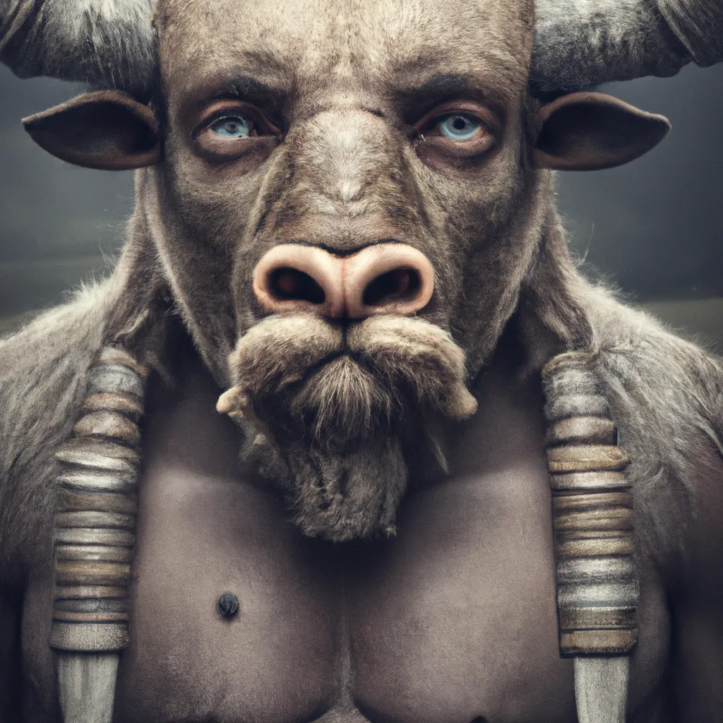 Prompt: Photorealistic portrait of a minotaur, scary , moody, gorgeous symmetrical dark brown eyes, dark blonde hair, MUSCULAR, even skintone, facial asymmetry, rosy cheek, soft lighting, cold lighting, fine-arts photography, award-winning photo, by Anna-Lou Leibovitz 8k high definition full body 