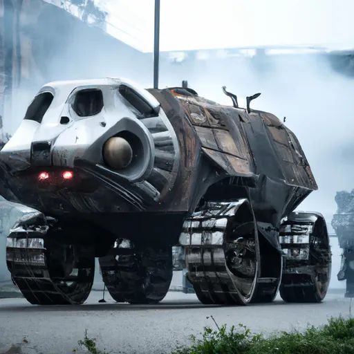 Prompt: a giant oversized Hamster monster walking through a misty city street.  Hamster with body military vehicle, armored  Rockets.  Military.  amazing quality.  HD intricate details. Cinematic. 