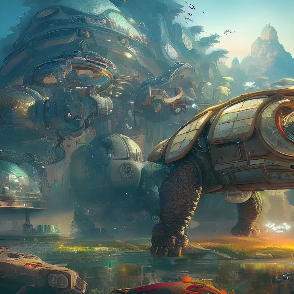 Prompt: giant mechanical turtle city along mountain range, hyper realistic, hyper detailed, hyper maximalist, peter mohrbacher