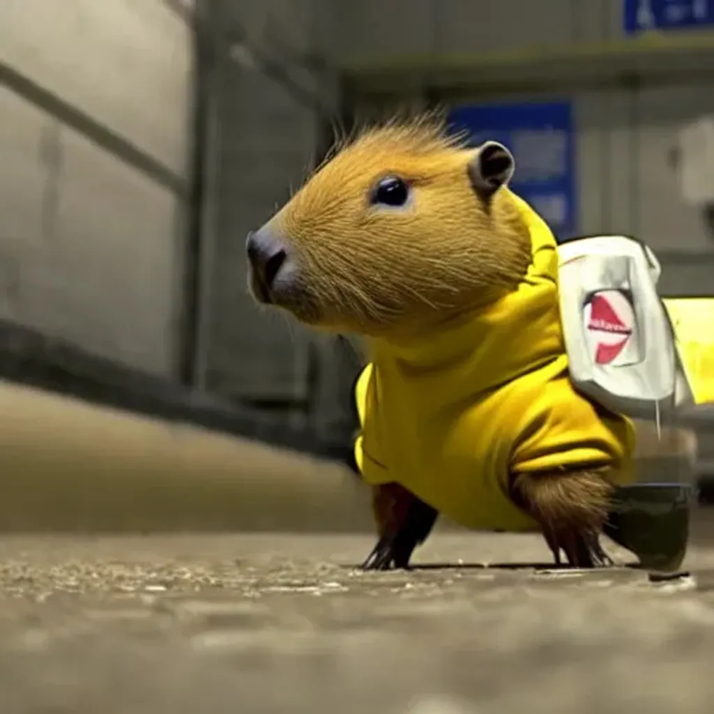 Prompt: A capybara in a hazmat suit travelling with a duckling friend through a dystopian wasteland at the end of the world.