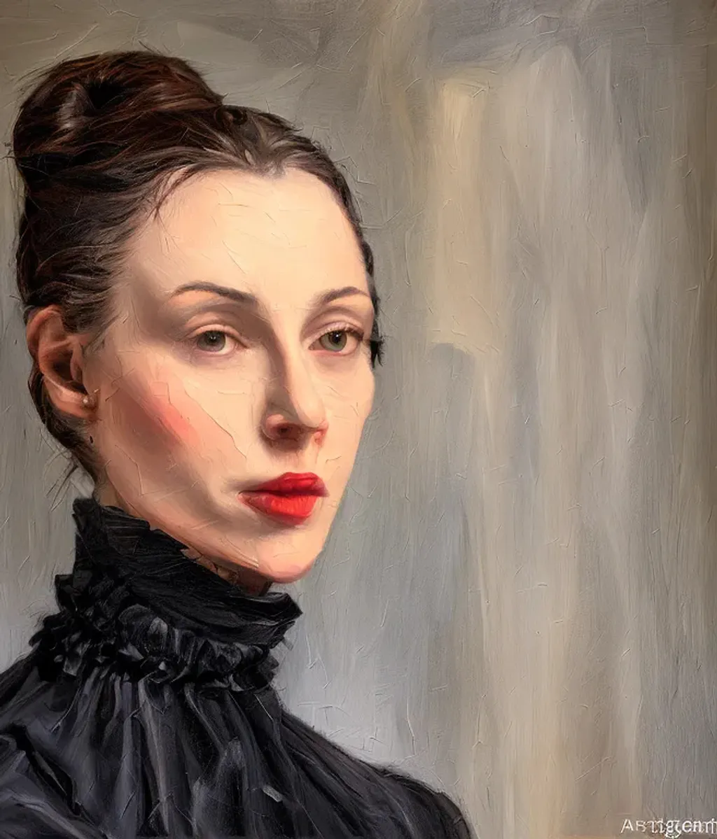 Prompt: oil painting portrait CORRECT ANATOMICAL PROPORTIONS of a beautiful very prim and proper Victorian woman ACCURATE ANATOMICAL PROPORTIONS! in a ruffled collar a black fitted tailored jacket hair pulled back into a bun, background is a white wall with a very large paneled window, brightly lit, cinematic atmosphere, award-winning cgi, artgerm, Blender, rendered in maya 