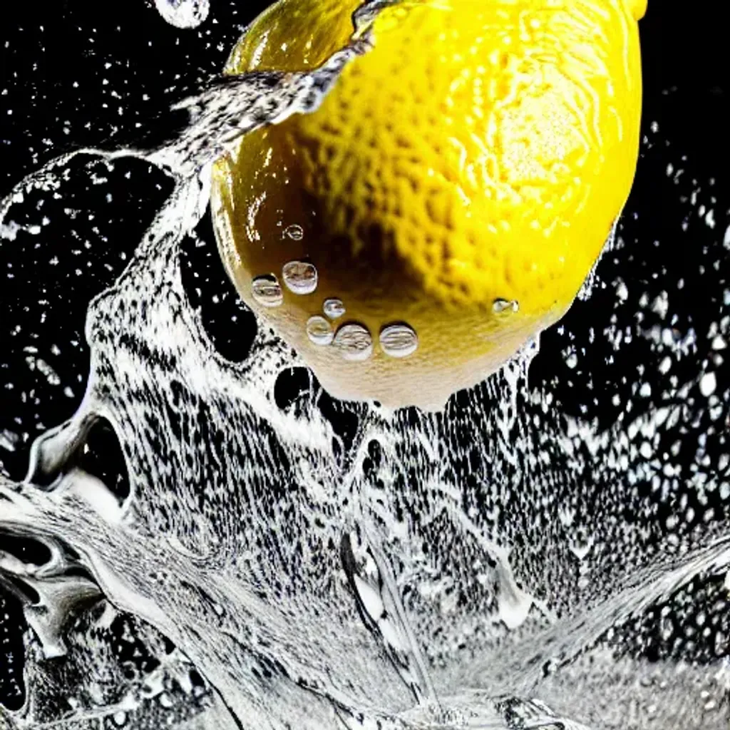 Prompt: A Photorealistic hyperrealistic close up high speed render of a Water Splash When a lemon hits the water as it falls, random abstract shapes and patterns, dark background, beautiful highly detailed droplets, reflections and refractions, dark studio backdrop, Beautiful studio lighting, Nikon Z7, ISO 400, Sigma 85mm f1.4 DG DN, aperture f/11, exposure 1/200, studio lights