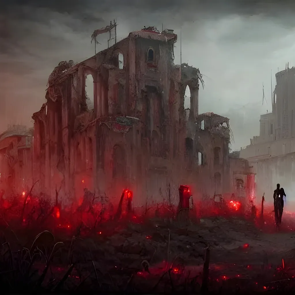 Prompt: a ruined city with zombie and grim reaper crew around it and red bleeding ruins in the background, a lot of cyberpunk robots as dead bodies on damp-tender ground, epic game scene, by Cedric Peyravernay, cgsociety, fantasy landscape art, other-worldly zdzisław beksiński horror dystopian surrealism accents, apocalypse art, greeble, old destroyed burning factory background. low angle. color splash splattered painting, post-apocalyptic scifi-city intersection, inspired by eddie mendoza, unreal engine volumetric lighting, extreme a lot dust particles, eerie haunting clouds, under lightning and thunder storms, crazy gotham night, 8k, uhd, 4k, wallpaper, hdr