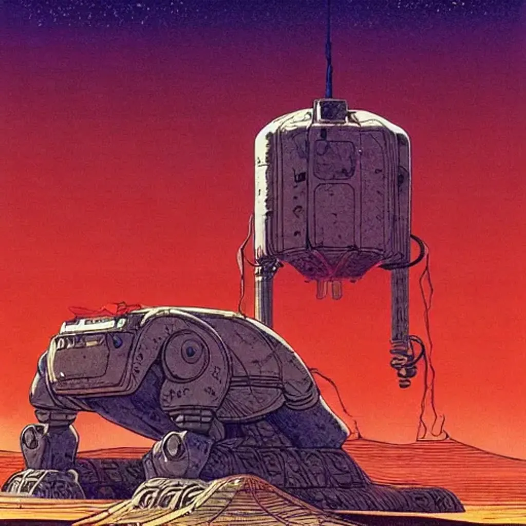 Prompt: Man with long dark hair standing in alien dessert next to destroyed robot, by Makoto Kobayashi, by Moebius, by Jean Giraud, manga, anime style, 80's, Intricate, Hand drawn, concept art, grainy color, dim lighting, Anime Key Visual, beautiful composition