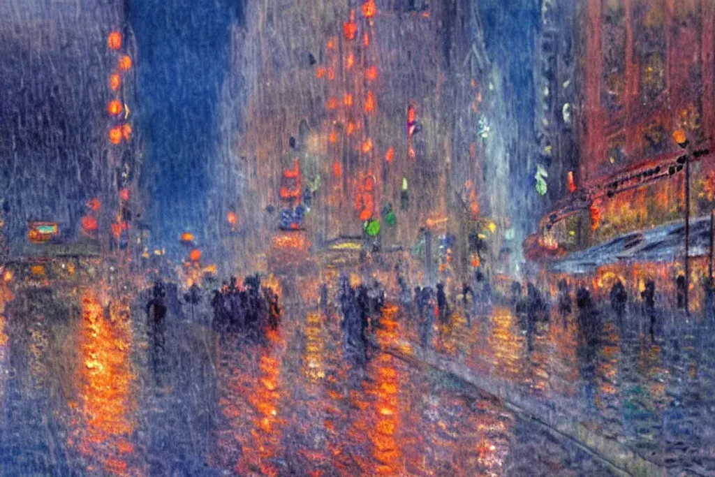 Prompt: digital art watercolor by Claude Monet, rainy night in New York City, award-winning cgi, Disney Studios Artists, 8k