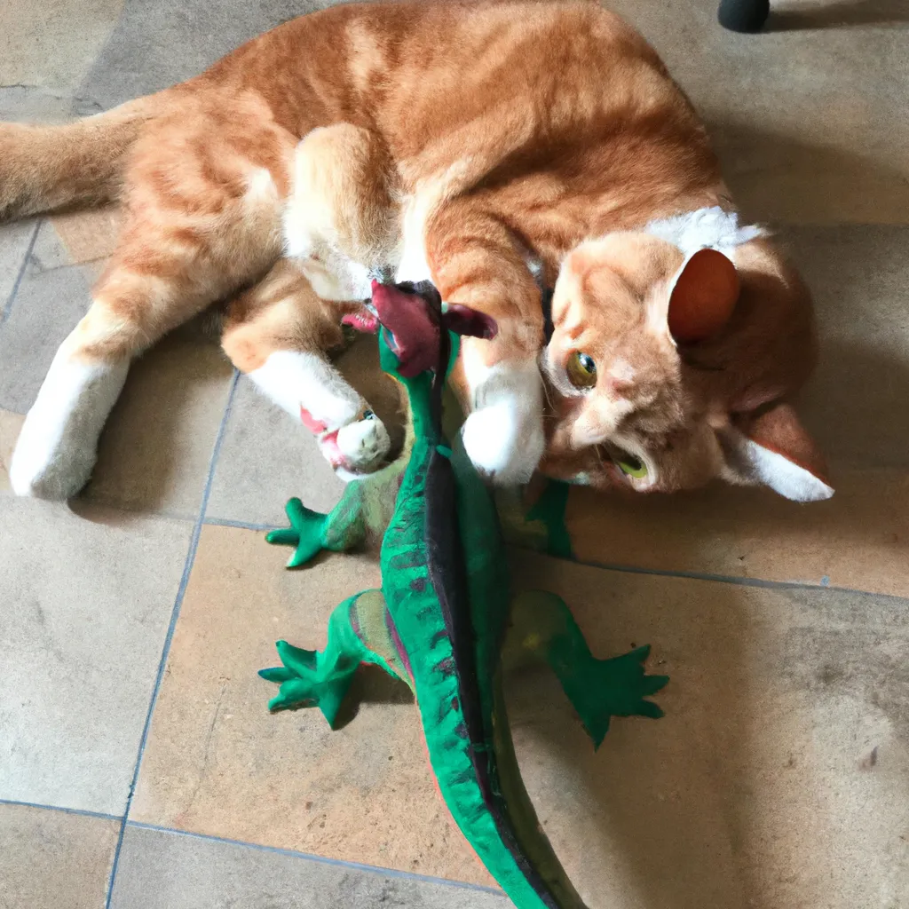 Prompt: A cat playing with a dinosaur