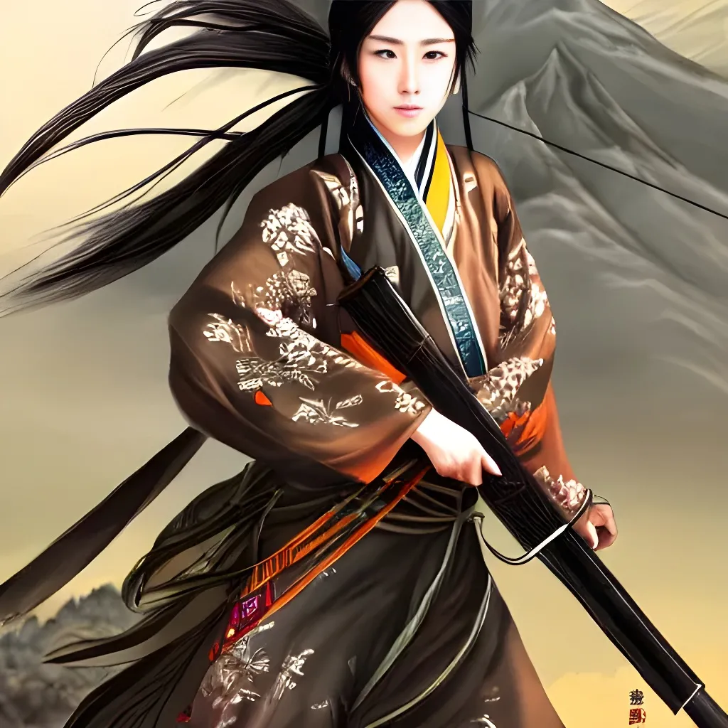 Prompt: An epic fantasy wuxia illustration portrait of a pretty beautiful Chinese female 20th century sharpshooter sniper soldier wearing tactical military hanfu in the mountains, full body xianxia, intricate linework, depth of field by Yoji Shinkawa, artstation, pixiv, artgerm, unreal engine, masterpiece, bright colours, high quality