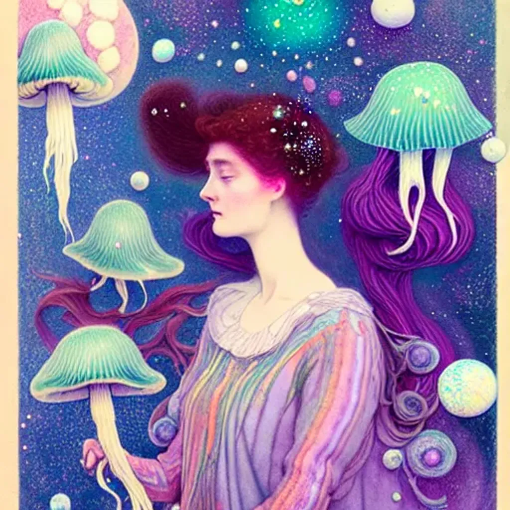 Prompt: character portrait, Beautiful Edwardian woman with mushrooms growing out of her hair, pastel, chalk, hq, stars, fungi, paint splatter, sparkles, celestial, moon, victo ngai, paint splash, ryan hewett, marie spartali stillman 