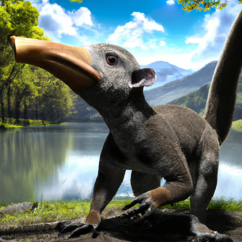 Prompt: ancient has dinosaur head chimera of Sunda Flying Lemur ,has macrauchenia's trunk, and similart to the duck-billed platypus , amazing, warning coloration on the skin, dinosaur .  pre-historic, Full shot, Long shot, speculative evolution. Highly realistic, accurate anatomically correct paleoart, ultra-realistic CGI representation,  hyperrealistic, award-winning wildlife photography,  4k, trending on artstation, staged photography , scientifically correct