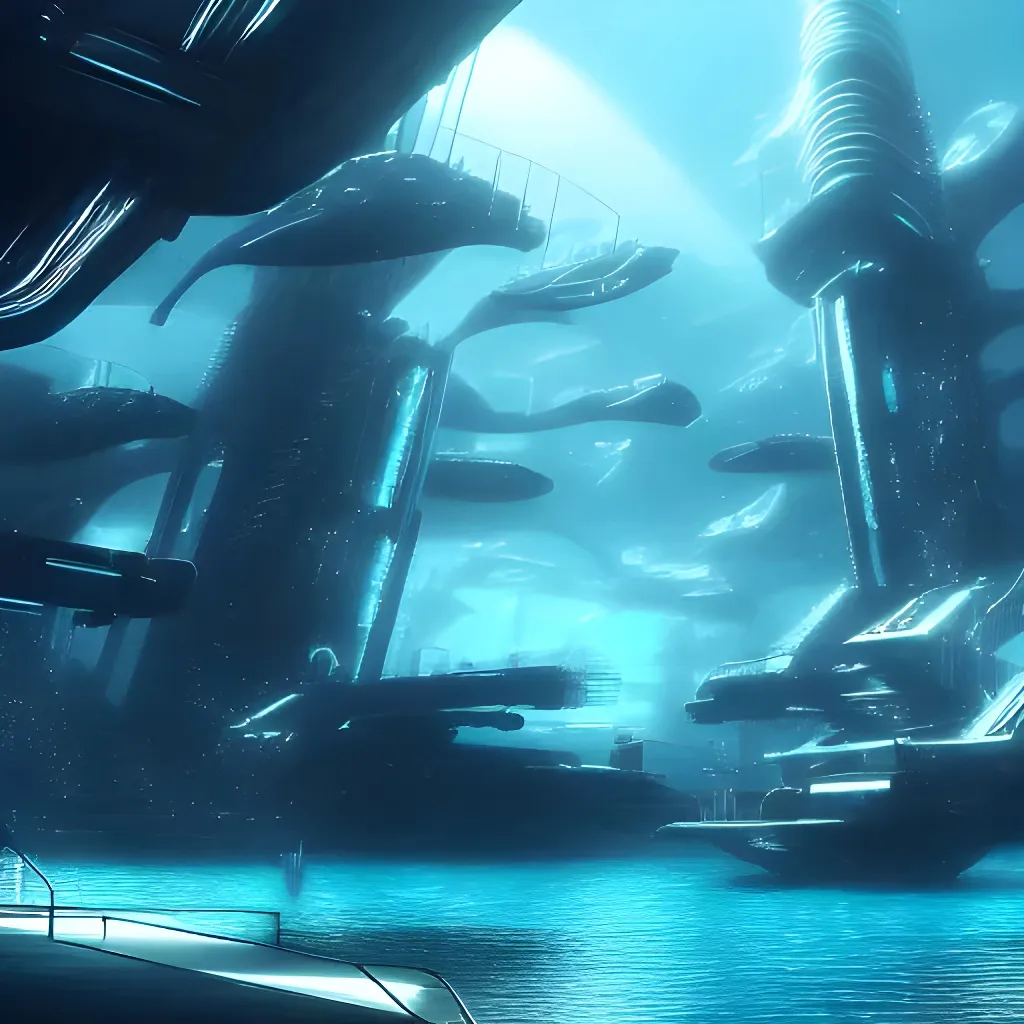 Prompt: photo of underwater scifi city, photorealistic, detaled, wide-angle, clear water, dark scenery, 4k