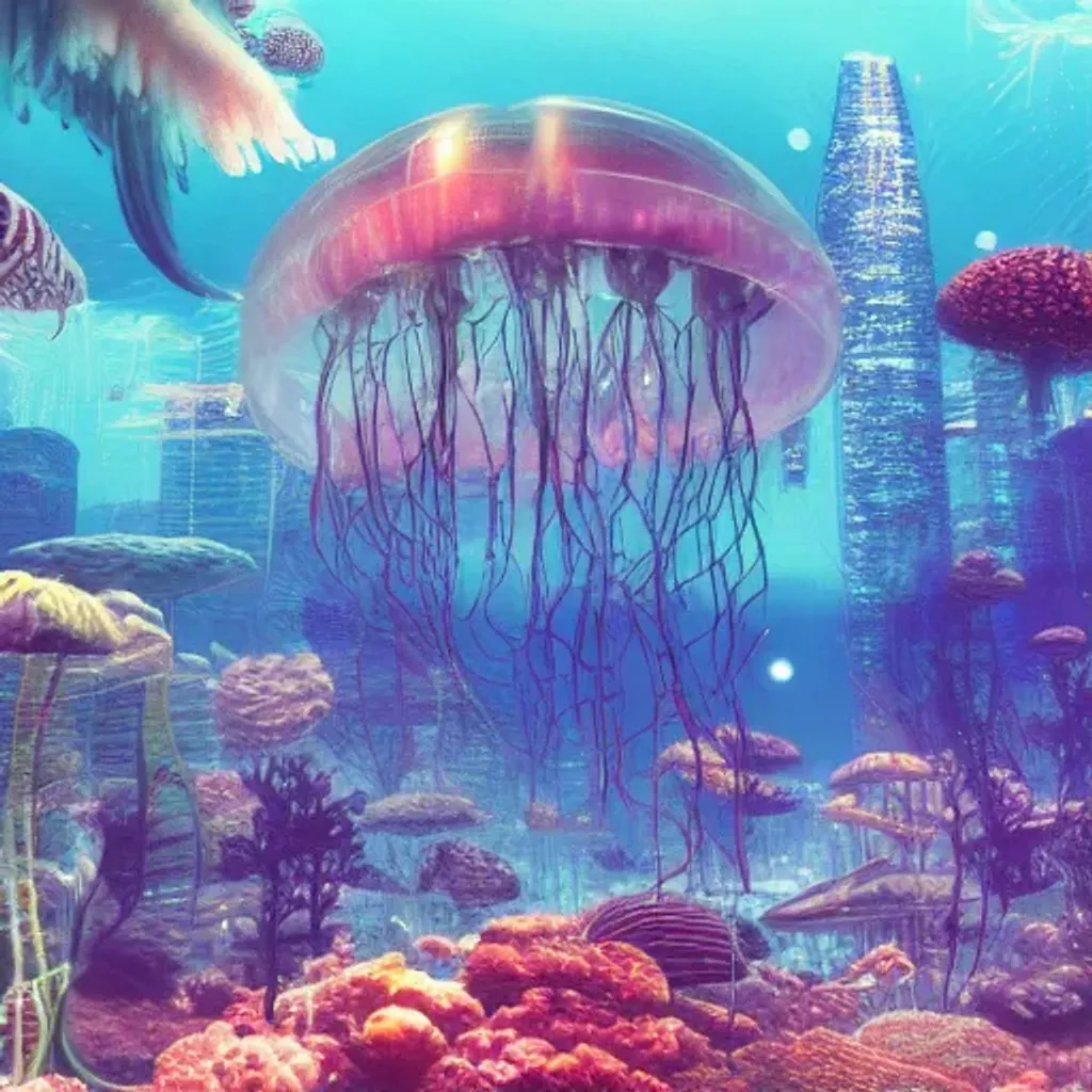 Prompt: photo of underwater scifi city with jellyfish, photorealistic, detaled, wide angle, clear water, neon, night