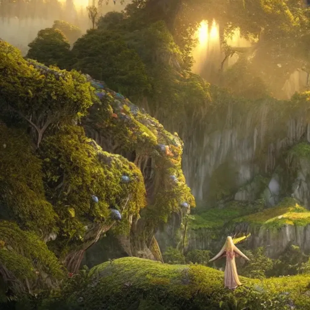 Prompt: an elven princess with wings of lace in the lord of the rings scenery landscape, looking out at a vast lush valley of fairy homes, flowers, sunrise, god's rays highly detailed, vivid color, cinematic lighting, perfect composition, 8 k, gustave dore, derek zabrocki, greg rutkowski, belsinski, octane render