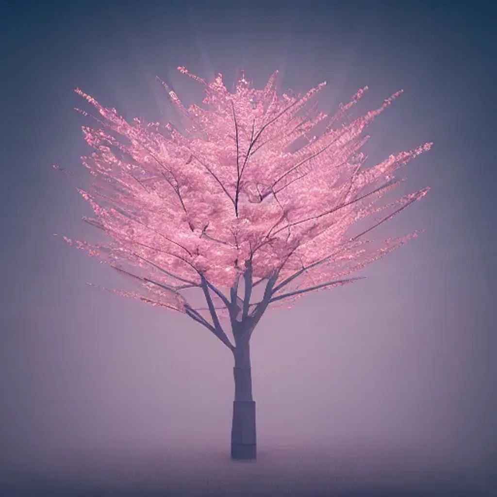 Prompt: low poly cherry blossom tree in the fog at night, with street lamp, soft colors