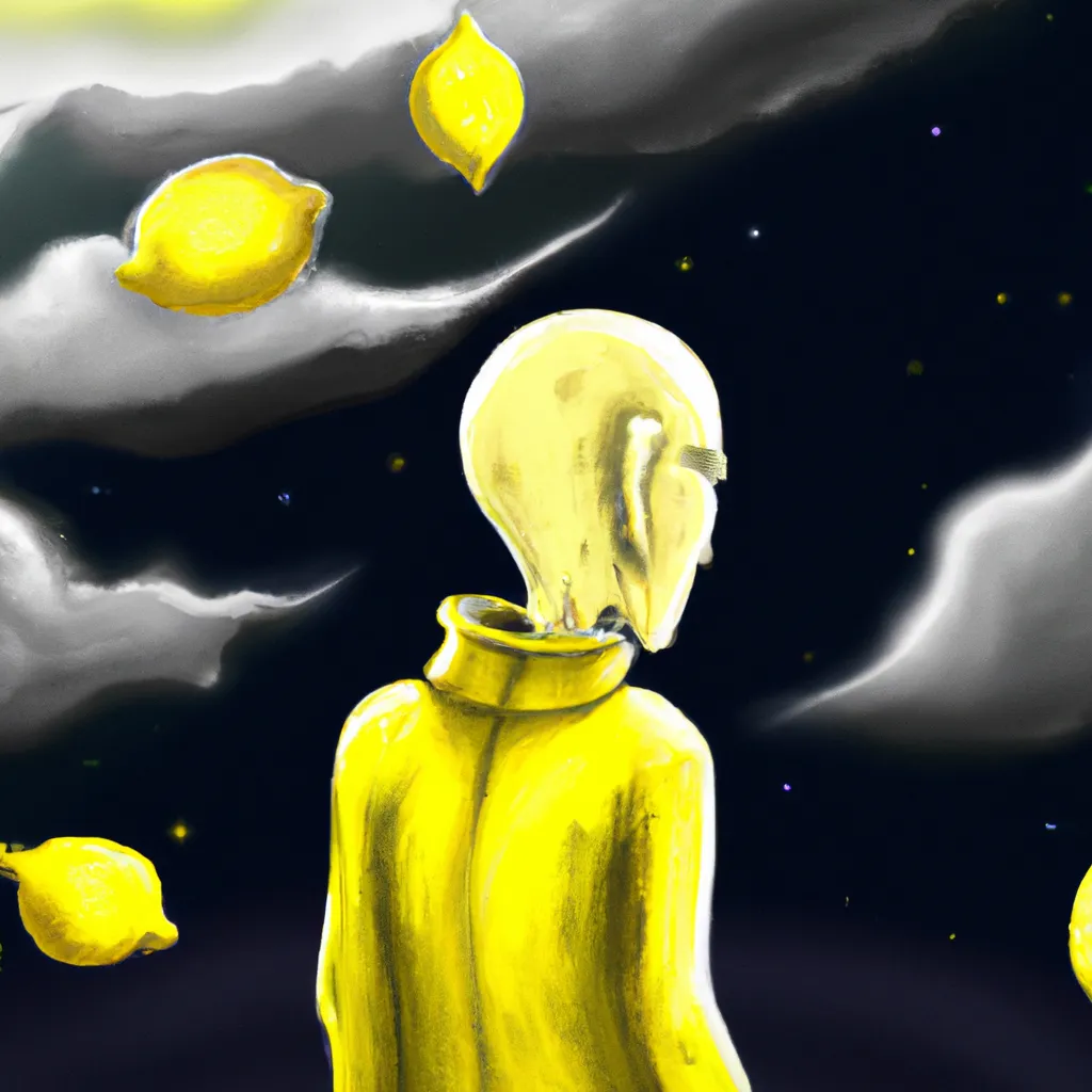 Prompt: the most enigmatic lemon person ever, 8k, intricate, very detailed, darkness, lightnings from the dark sky behind him