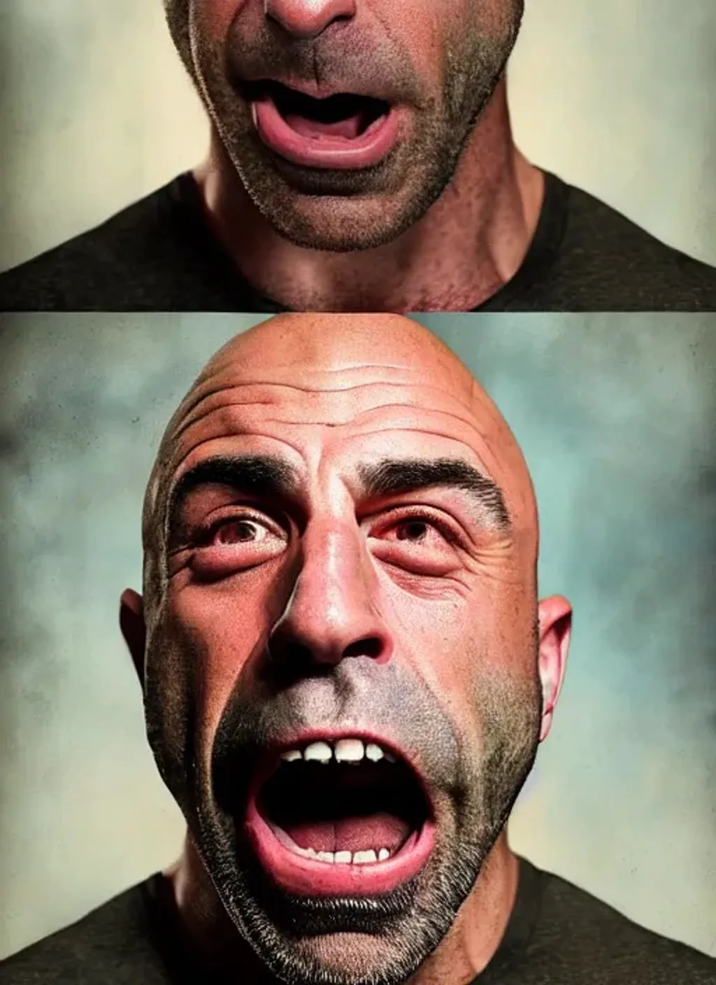 Prompt: Portrait of Joe Rogan with and with goofy face, austin texas, perfect composition, hyperrealistic, super detailed, 8k, high quality, trending art, trending on artstation, sharp focus, studio photo, intricate details, highly detailed, by greg rutkowski