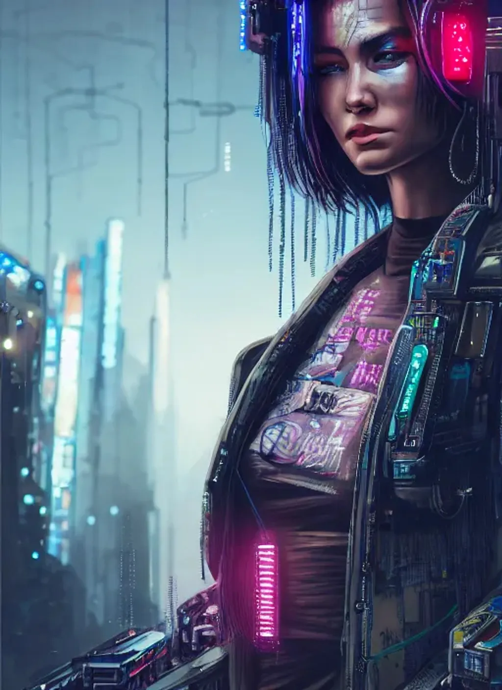 Prompt: Extremely detailed portrait of  cyberpunk random character, extremely detailed  cyberpunk town in background , 8k, high quality, concept art, trending on artstation, sharp focus, studio photo, intricate details, hyper detailed