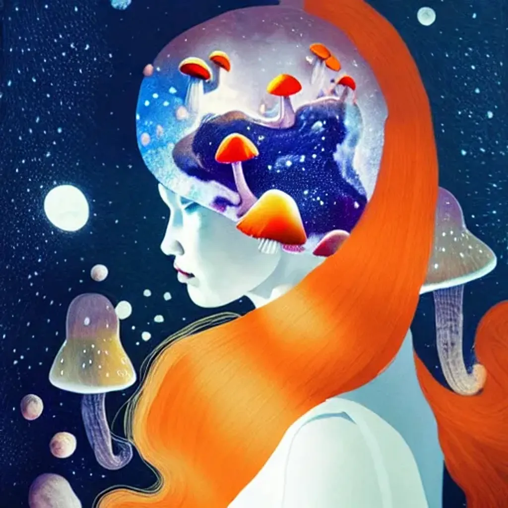 Prompt: fabric portrait by Ryan Hewett, Beautiful woman with orange hair, mushrooms growing out of her hair, hq, fungi, celestial, portrait, victo ngai, moon mushrooms, galaxy, moon, stars 