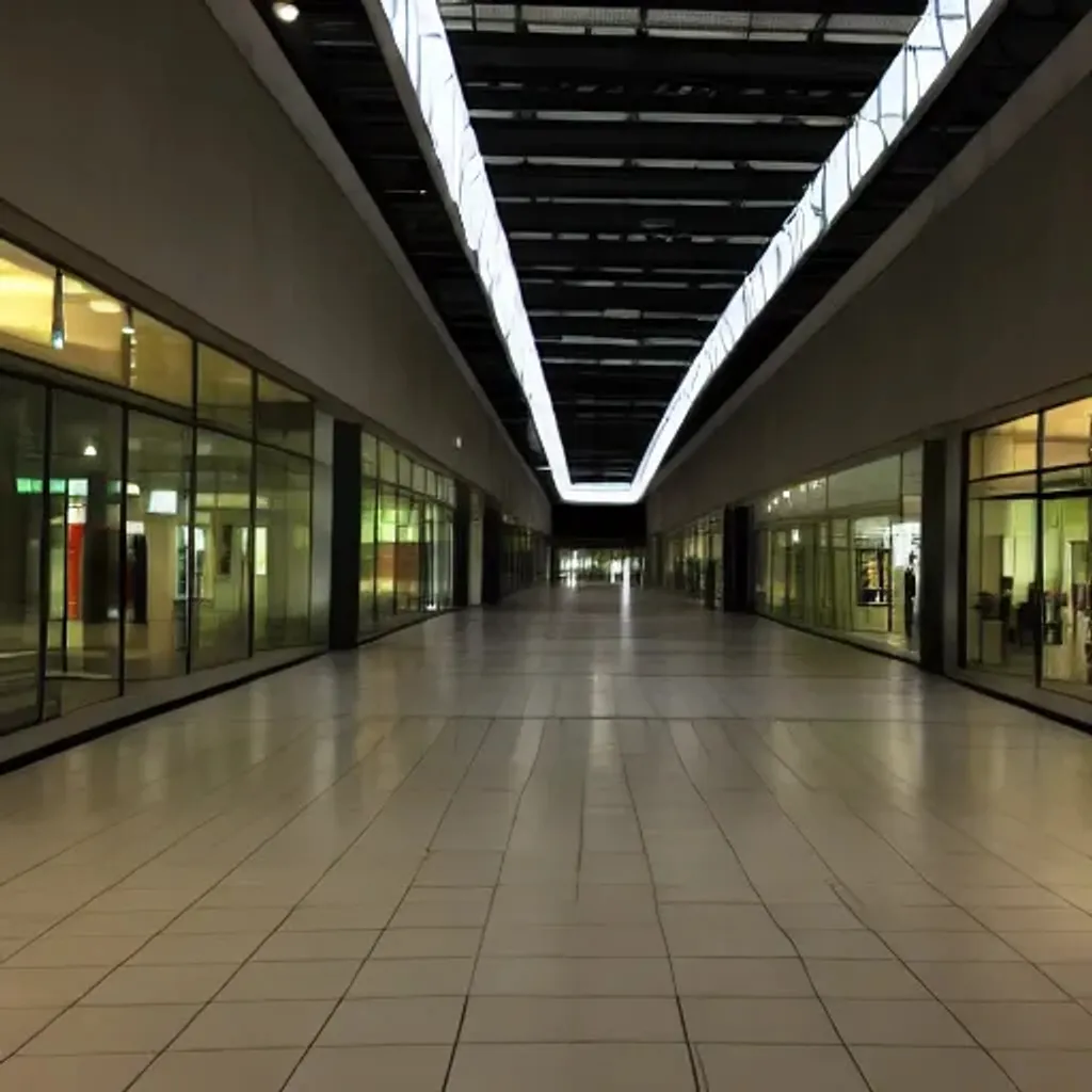 Prompt: liminal empty modern mall at night, with creepy people