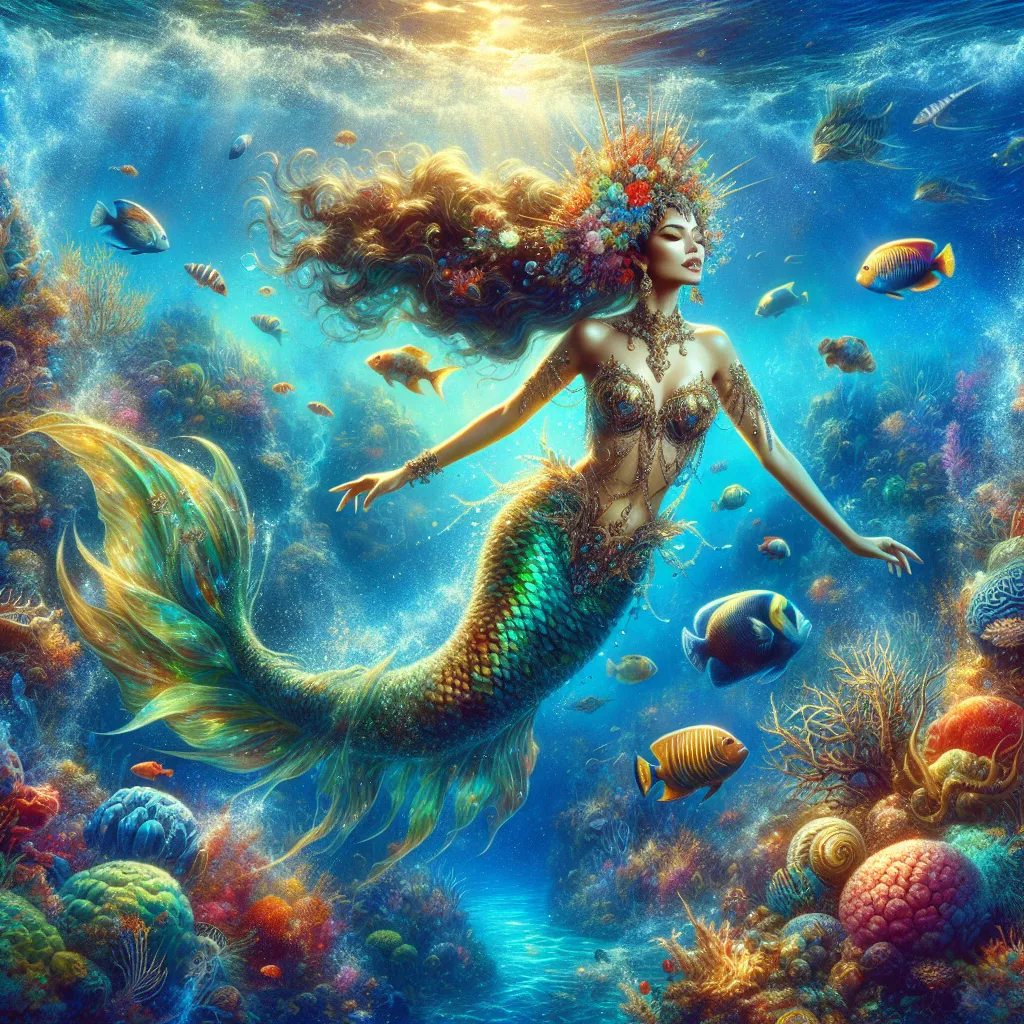 Prompt: (beautiful woman in a mermaid costume), swimming in a vibrant ocean, surrounded by colorful fish and intricate corals, golden sunlight streaming through the water, (fantasy art), (highly detailed digital painting), ethereal ambiance, shimmering scales, graceful movement, soft water reflections, airbrush painting style, rich blue and green hues, ultra-detailed, captivating marine life.