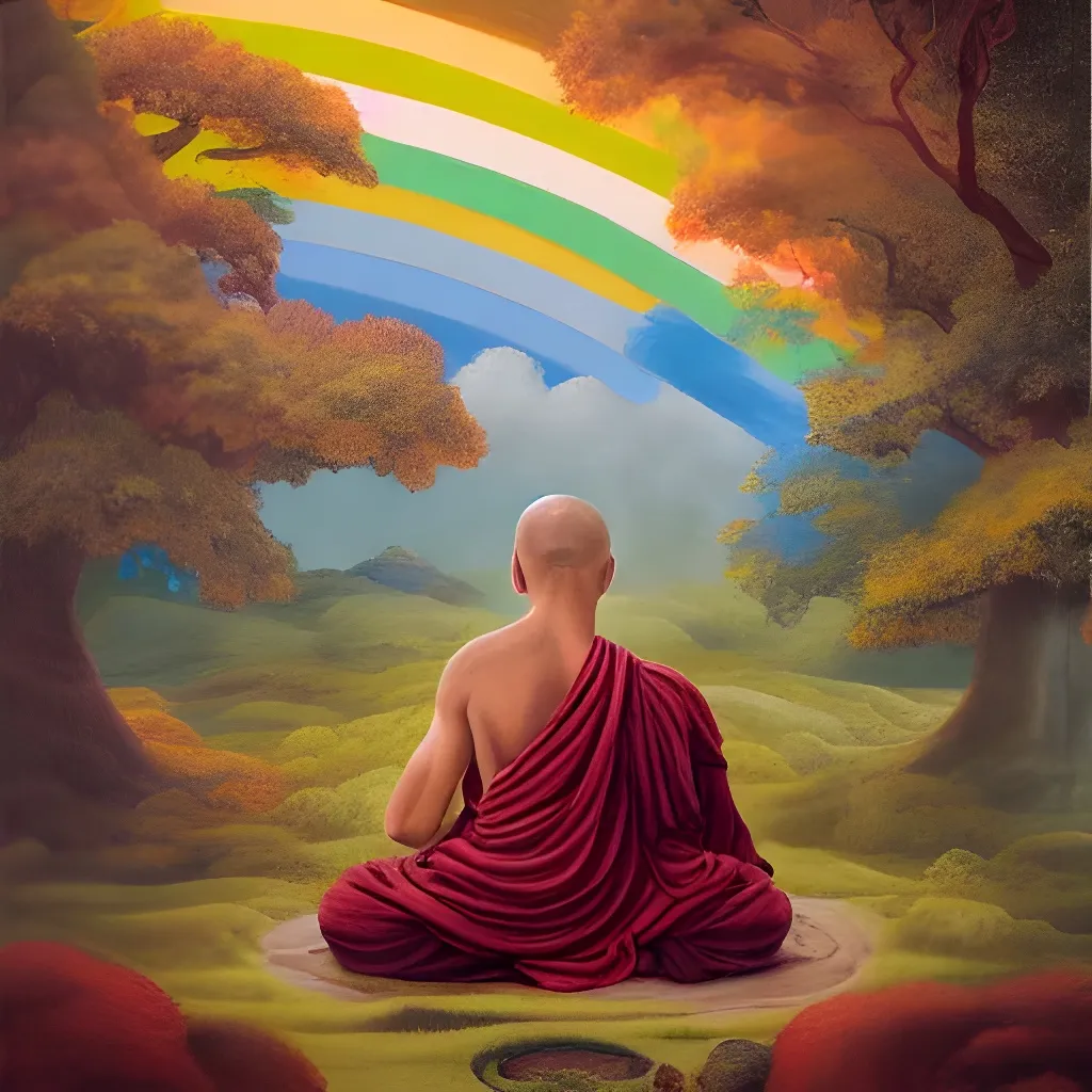 Prompt: Oil painting of a buddhist monk meditating from behind at the foot of the world tree yggdrasil, clouds in the treetop, a rainbow leading to asgard, at the foot of teh tree sleeps a dragon, peaceful, sunrise, serene, enlightenment, trending on artstation, professional, highly detailed, vivid colors, unreal engine, comic book cover, by August Friedrich Schenck