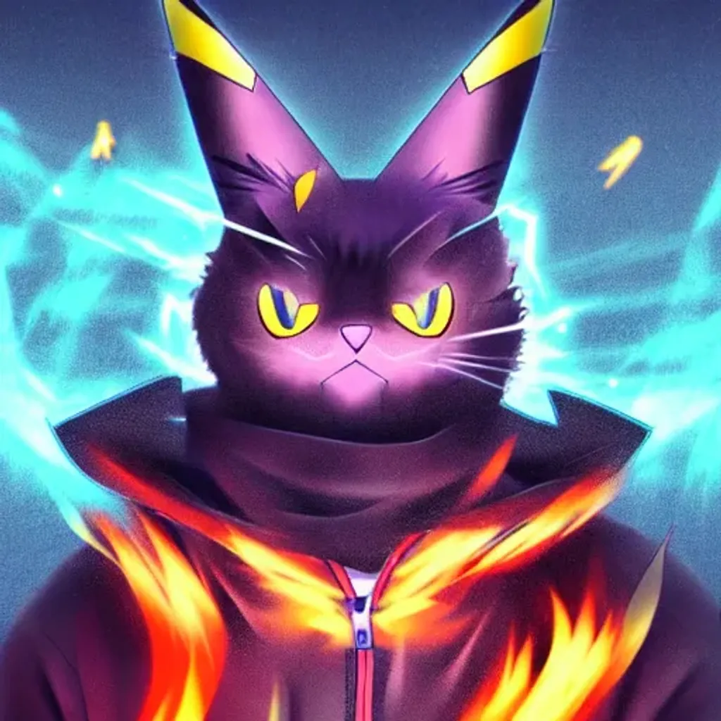 Prompt: A cool Anime character, half cat half pikachu with blue eyes wearing a beanie, on fire at a concert hall, a character portrait by Andrei Kolkoutine, Artstation, sots art, 3d game art, quantum wavetracing, dark and mysterious