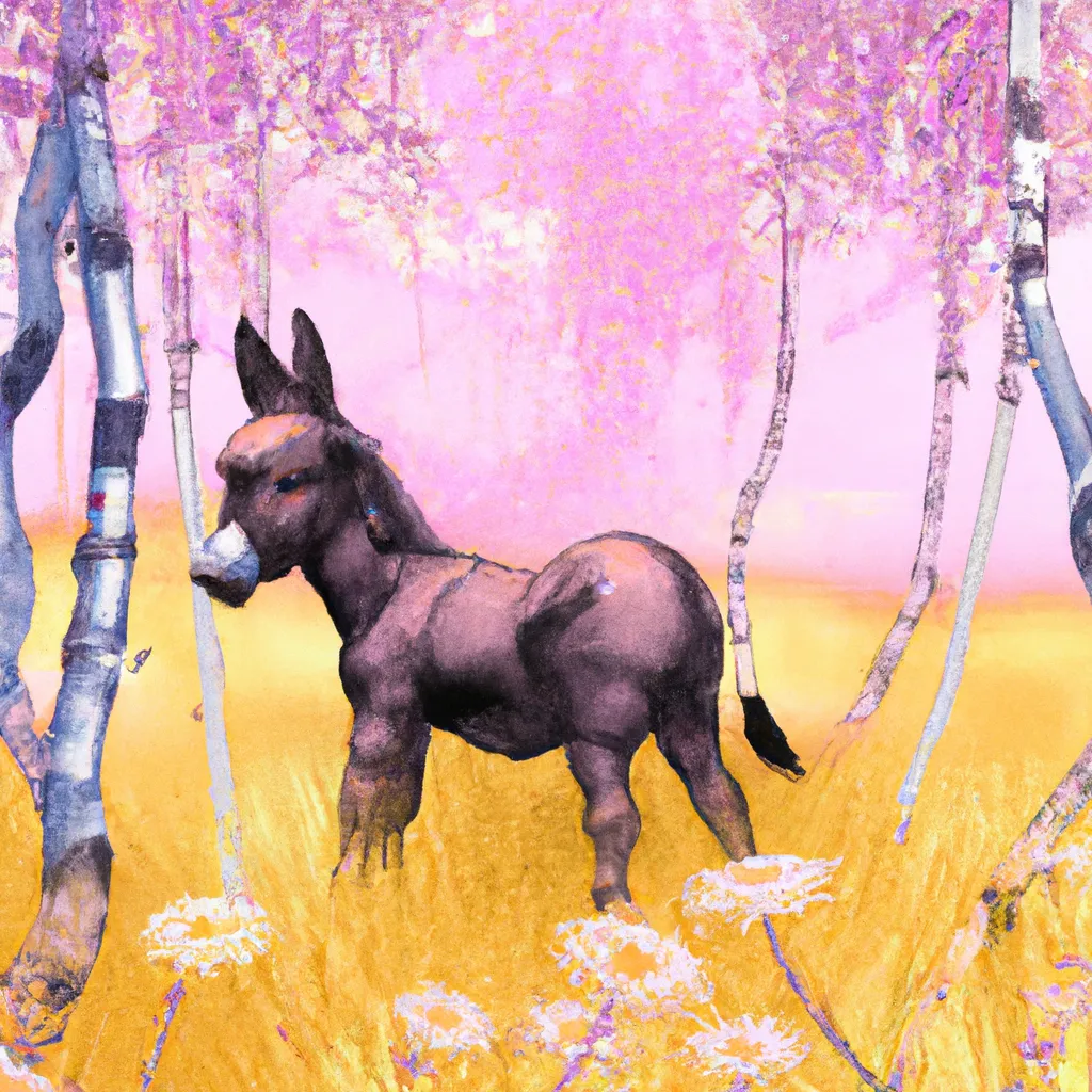 Prompt: a cute fuzzy donkey, adorable, in a field of flowers, birch trees, anime, animated, animation, scenic, beautiful, soft light, gold and pink light, key visual
