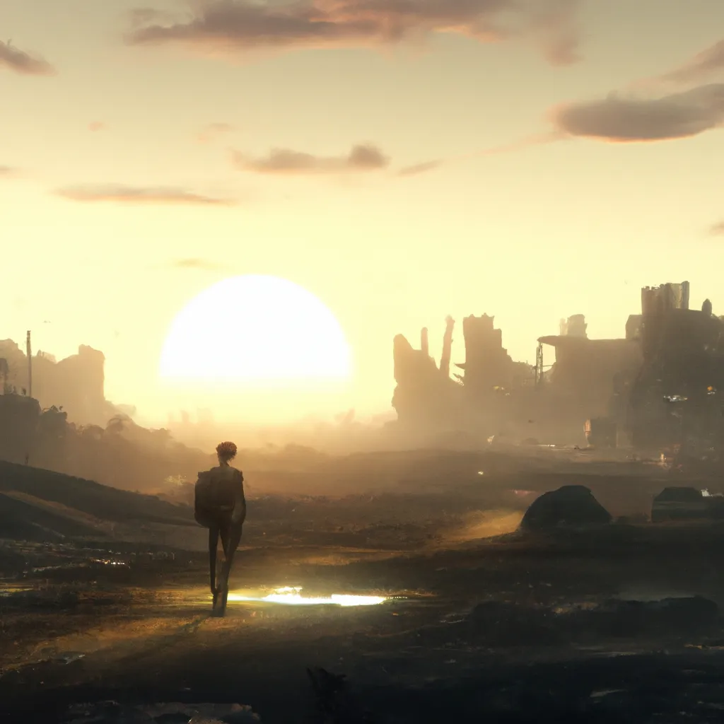 Prompt: dystopian wasteland with a lonely man walking on a road leading to a destroyed city, foggy, lens flare, realistic rednering, game design, concept art of bloodbone, sun set, highly detailed