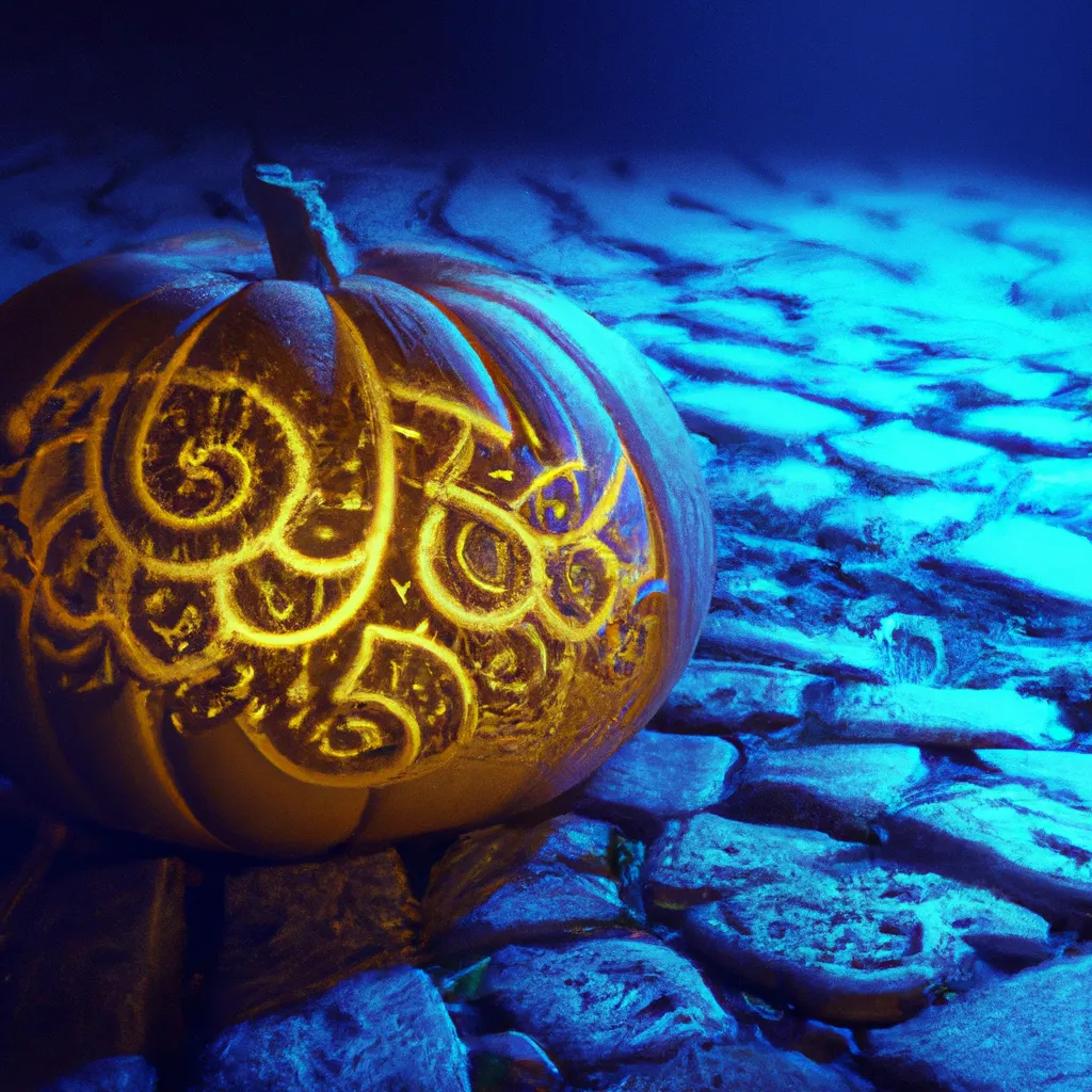 Prompt: A shot of a Pumpkin with Celtic patterns carved out and etched on its surface taken from a distance, lit from inside by blue neon lights that show through the carvings with a soft glow, spooky wicker artifacts on the cobbled stones around it, perfect composition, beautiful detailed intricate insanely detailed octane render trending on artstation, 8K artistic photography, photorealistic concept art, soft natural volumetric cinematic perfect light, chiaroscuro, award-winning photograph, masterpiece, oil on canvas, Raphael, Caravaggio, Greg Rutkowski, Beeple, Beksinski, Giger