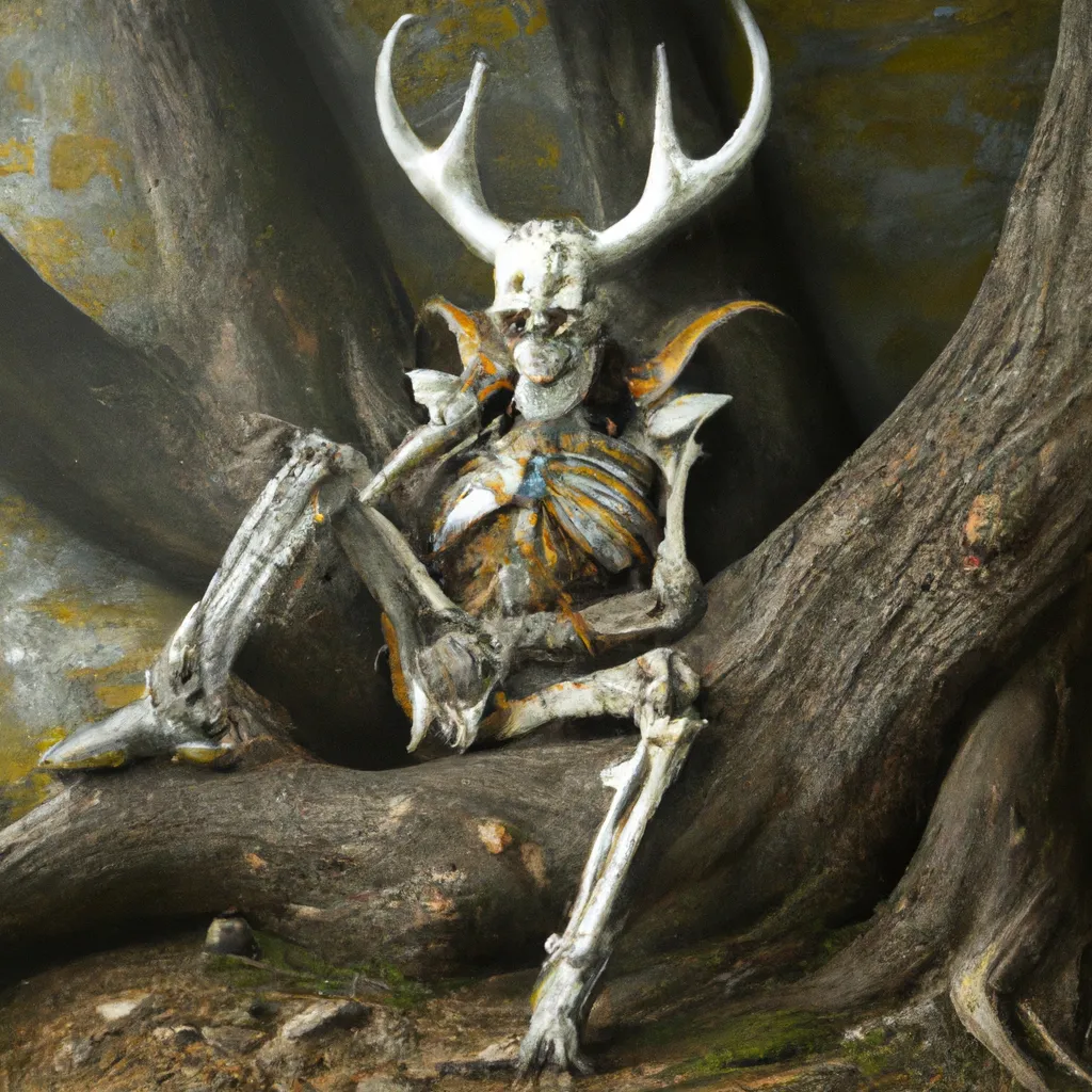 Prompt: horned skeleton, wearing medieval armour, sitting against tree, oil paintingmedium shot, acrylic painting by Michael Whelan, 2014, fantasy, highly detailed