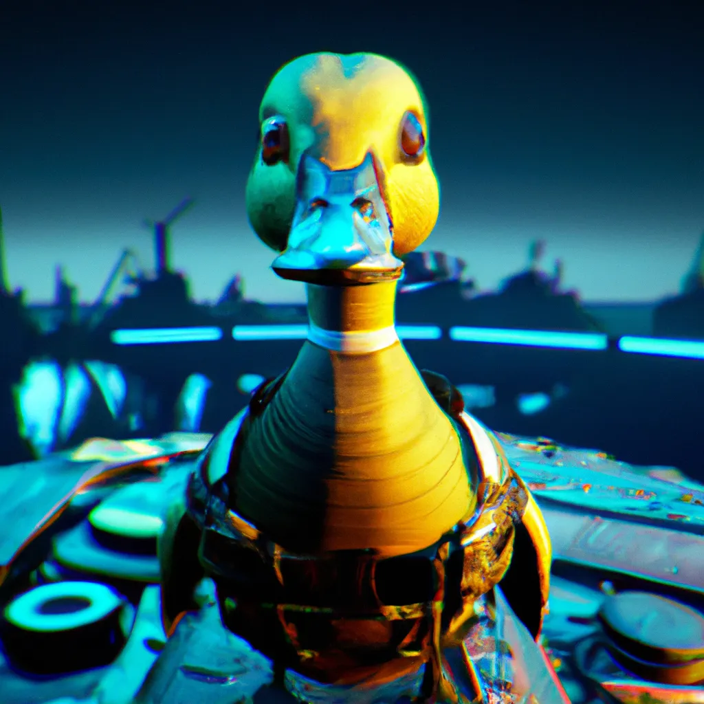 Prompt: Hyperrealistic Portrait of Anthropomorphic Cyber Soldier Duck wearing power armour standing on a wrecked spaceship at a alien planet, unreal engine 5, ray tracing x, high quality cqi, extremely detailed, cinematic, trending in artstation, HD, HQ, sharp focus, blender, cinema 4d,