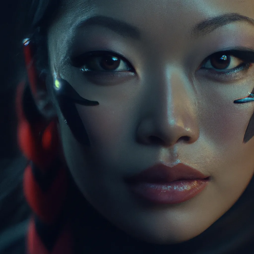 Prompt: Dark Editorial 8k portrait photography style 3D octane render of a Batman hybrid Mongolian woman, with compound eyes, in the style of 80s L.A. female